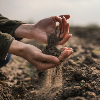 soil slipping through fingers of the hands in a plantless background.